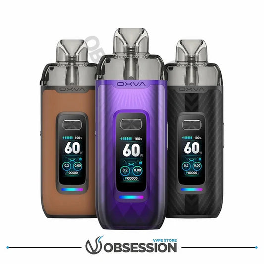 Three Oxva vaping devices in brown, purple, and black on a white background with 'Vape Store Obsession' branding.