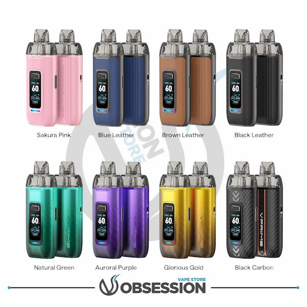Various colored vape devices with 'Obsession Vape Store' branding on a white background.