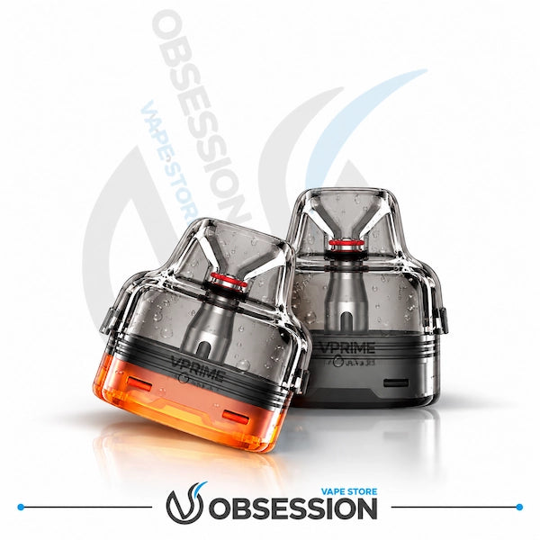 Two VPRIME vape pods with transparent smoky gray bodies, one featuring a bright orange translucent base and the other a dark gray base, displayed on a white background with Obsession branding.