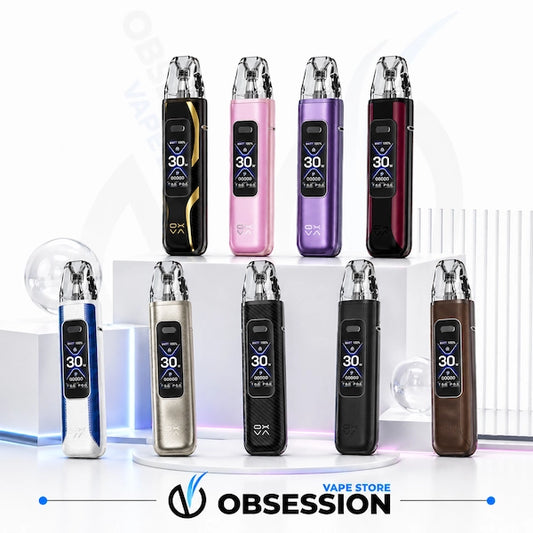 Eight vape devices in assorted colors are arranged on white display blocks against a clean white studio background. The devices feature rectangular digital screens showing '30.
