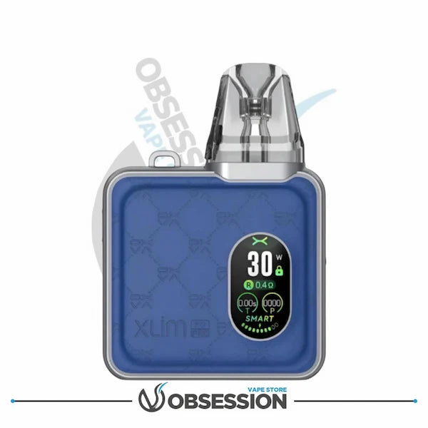 Blue vape device with digital display on a white background, branded 'Obsession'.