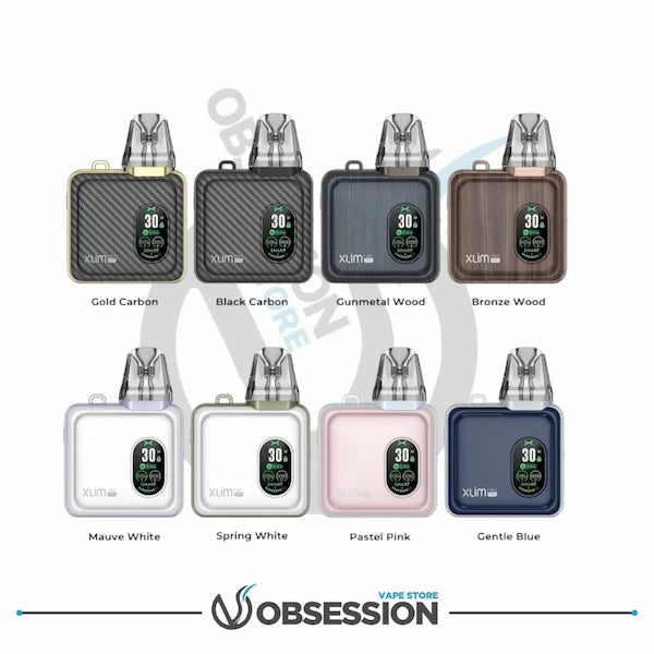 Various models of a vaping device with different color options on a white background, featuring the brand 'Vape Store Obsession'.