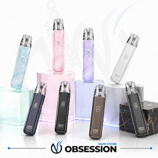 Six disposable vape devices in assorted pastel and neutral colors are displayed on and around pastel-colored pedestals against a white background. The devices feature a sleek rectangular body, a transparent mouthpiece, and a small power button.