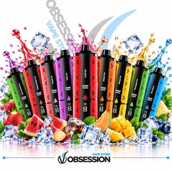 A promotional graphic showing multiple Obsession vape devices in different fruit-flavored colors, arranged with ice cubes, watermelon, mango, pineapple, strawberries, and blueberries on a white background with a large Obsession logo and 'Vape Store' text.
