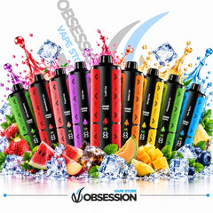 A promotional graphic showing multiple Obsession vape devices in different fruit-flavored colors, arranged with ice cubes, watermelon, mango, pineapple, strawberries, and blueberries on a white background with a large Obsession logo and 'Vape Store' text.