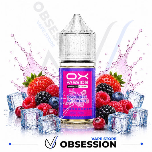 Vape juice bottle with strawberry, raspberry, and blueberry flavor surrounded by ice cubes and berries on a white background.
