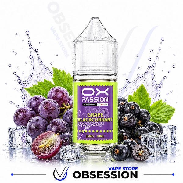 OX Passion grape blackcurrant vape juice bottle with grapes and ice cubes on a white background
