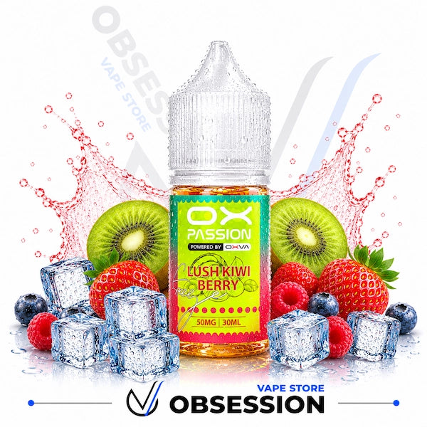Vape juice bottle labeled 'OX Passion Lush Kiwi Berry' surrounded by fruits and ice cubes on a white background.