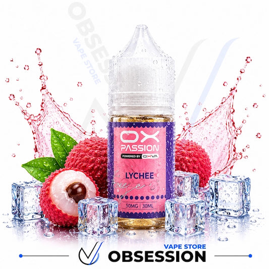 OX Passion lychee vape juice bottle with lychees and ice cubes on a white background