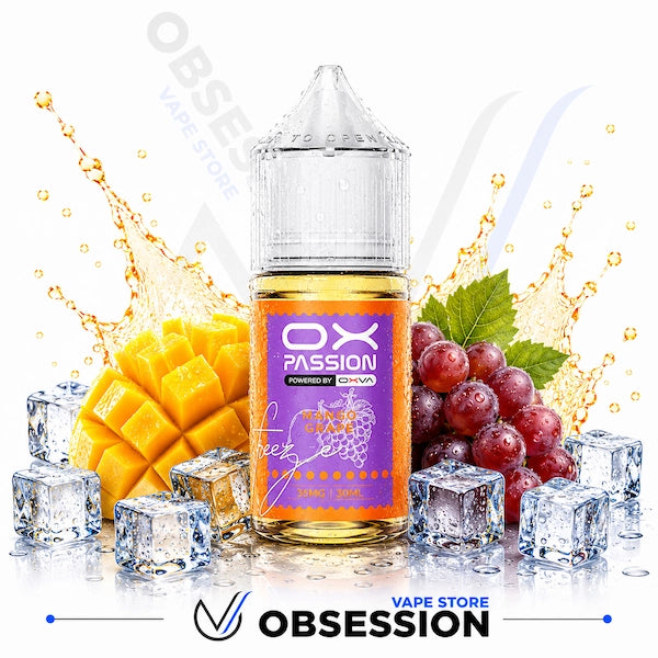 OX Passion vape juice bottle with mango, grapes, and ice cubes on a white background
