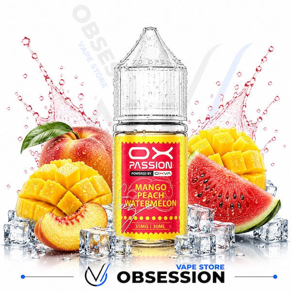 Vape juice bottle with mango, peach, and watermelon on a white background