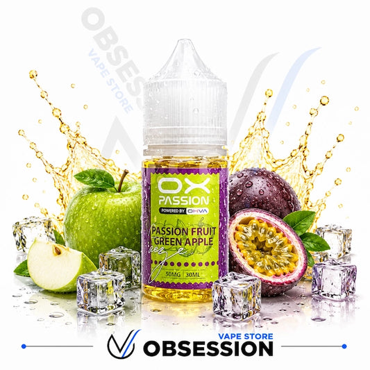 OX Passion vape juice bottle with fruit and ice elements on a white background
