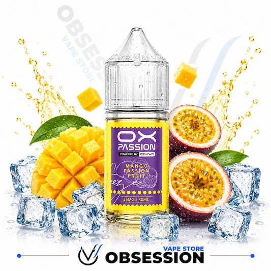 OX Passion Mango Passion Fruit vape juice bottle with mango and passion fruit slices on a white background.