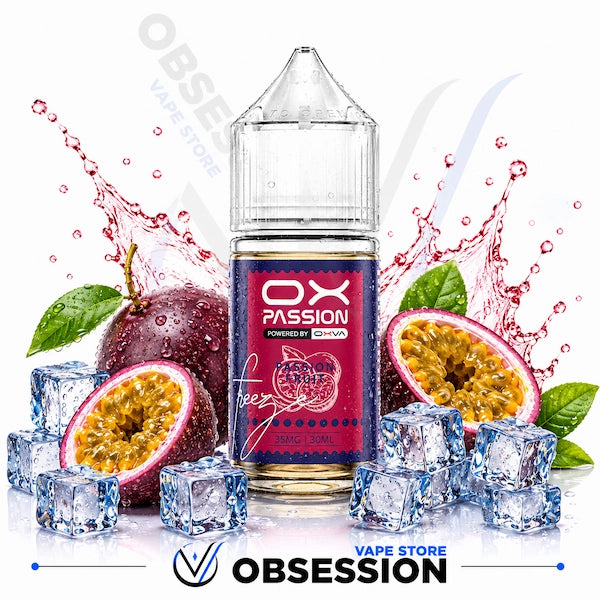 OX Passion vape juice bottle with passion fruit and ice cubes on a white background