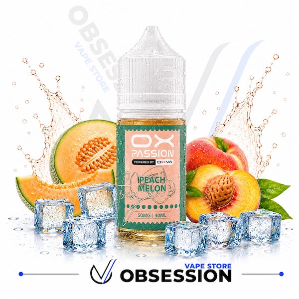 Vape juice bottle labeled 'Passion' with peach and melon graphics and ice cubes on a white background.