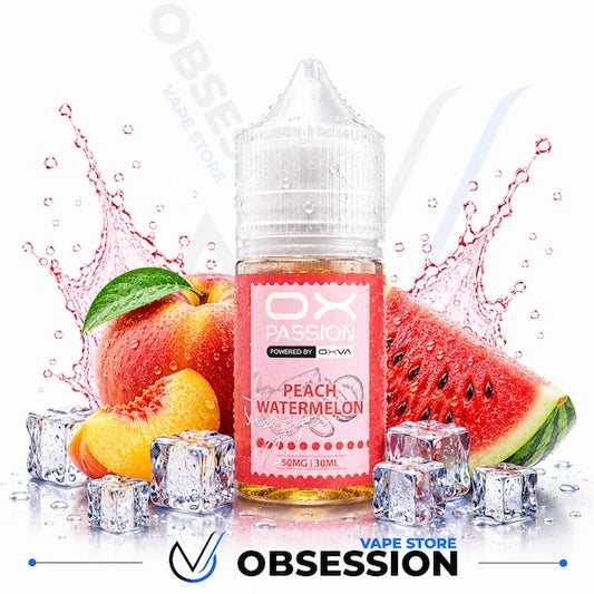 Peach watermelon vape juice bottle with fruit and ice cubes on a white background