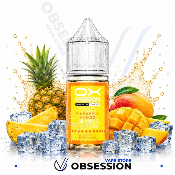 Vape juice bottle with pineapple and mango, surrounded by fruit and ice cubes, on a white background.