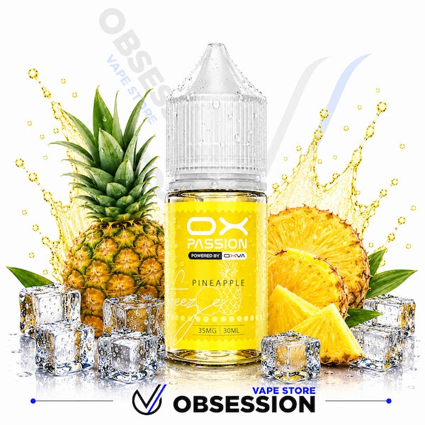 Pineapple-flavored vape juice bottle with pineapple slices and ice cubes on a white background, featuring the brand 'Ox Passion'.