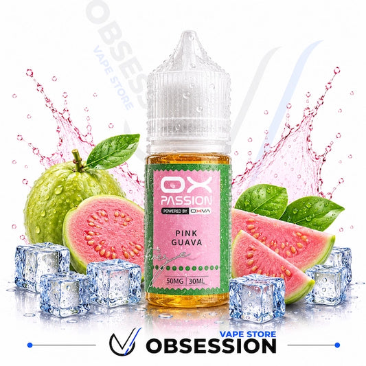 Vape juice bottle labeled 'OX Passion Pink Guava' with guava fruit and ice cubes on a white background.
