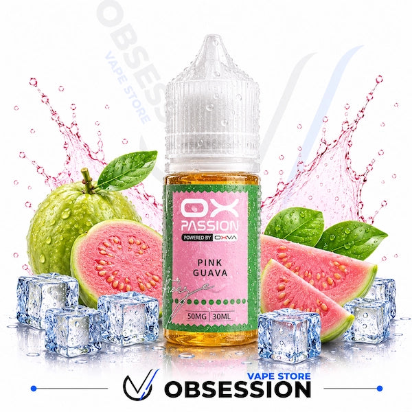 Vape juice bottle labeled 'OX Passion Pink Guava' with guava fruit and ice cubes on a white background.