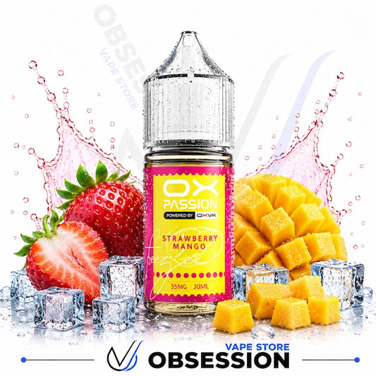 Bottle of Strawberry Mango flavored e-liquid with strawberries, mangoes, and ice cubes on a white background.