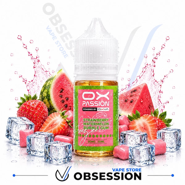 OX Passion vape juice bottle with strawberry, watermelon, and ice cubes on a white background