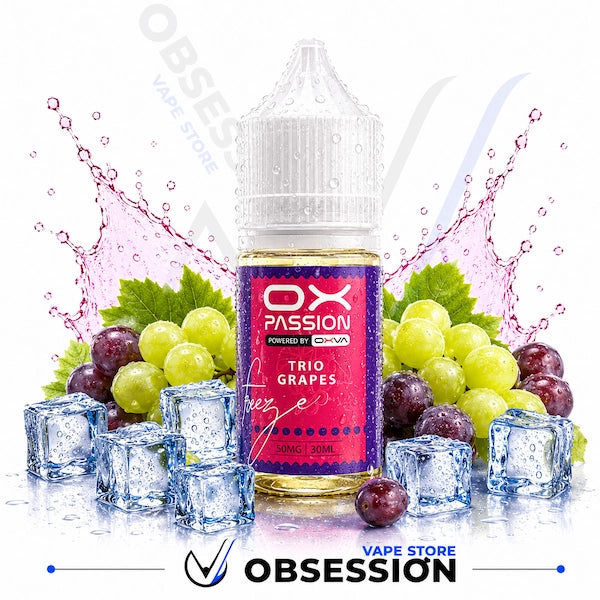 Vape juice bottle labeled 'OX Passion Trio Grapes' with grapes and ice cubes on a white background.