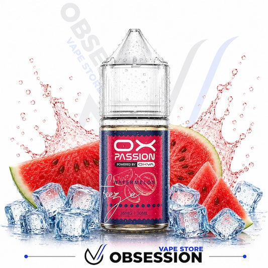 Vape juice bottle with watermelon flavor surrounded by watermelon slices and ice cubes, branded as Obsession Vape Store.