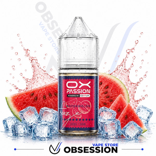 Vape juice bottle with watermelon flavor surrounded by watermelon slices and ice cubes, branded as Obsession Vape Store.