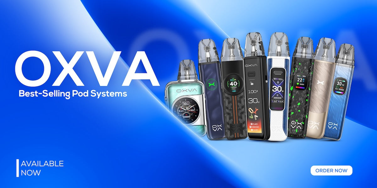 OXVA best-selling pod systems on a blue gradient background with brand name and call to action text.