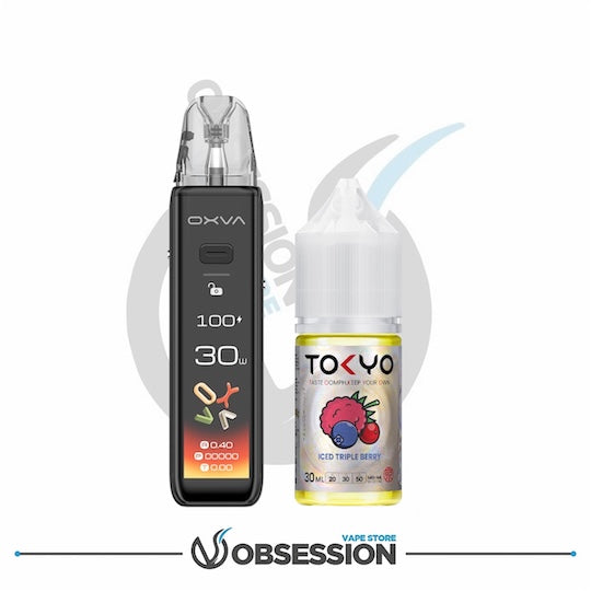 OXVA vaping device and Tokyo vape juice bottle on a white background with 'Vape Store Obsession' branding.