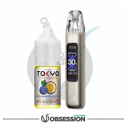 Vape device and Tokyo vape juice bottle on a white background with 'Obsession Vape Store' branding.