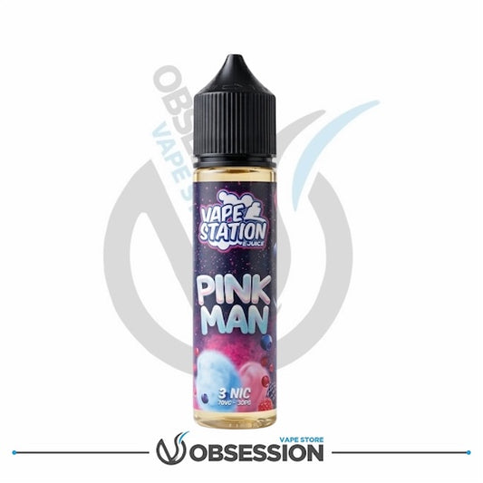 Vape juice bottle labeled 'Pink Man' by Vape Station on a white background with 'Obsession' branding.
