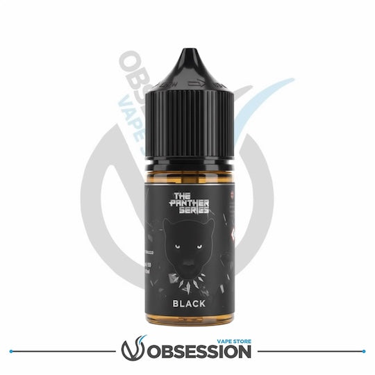Vape juice bottle labeled 'The Panther Series Black' on a white background with 'Obsession Vape Store' branding.
