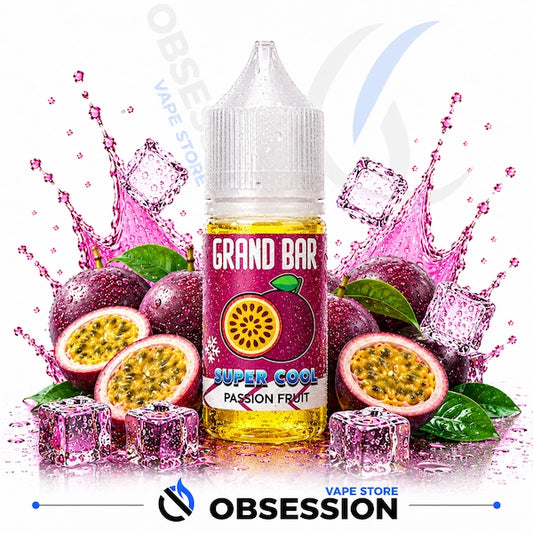Grand Bar Super Cool Passion Fruit vape juice bottle with passion fruits and ice cubes on a white background.