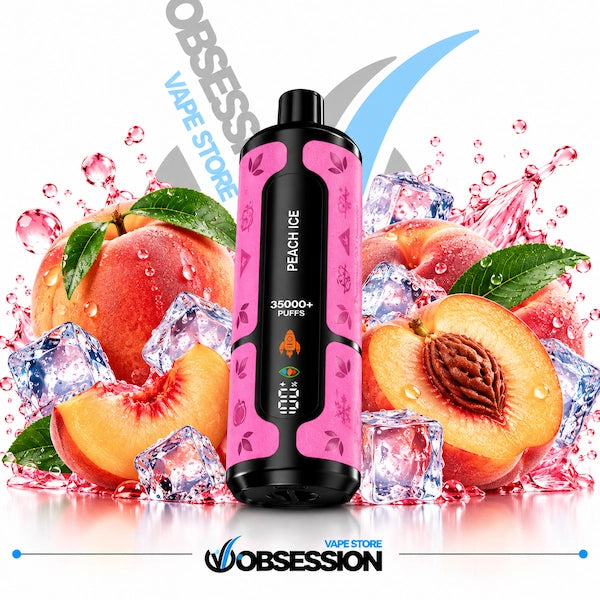 A pink and black disposable vape device labeled 'PEACH ICE' stands in the center against a white background, surrounded by sliced peaches, whole peaches, ice cubes, and pink liquid splashes. Large diagonal 'OBSESSION VAPE STORE' text and logo appear behind and below the product.