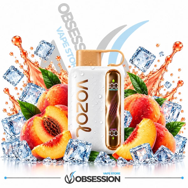 A white and gold VOOZOL vape device with a peach flavor theme, surrounded by fresh peaches, ice cubes, and orange liquid splashes on a white background. The brand 'OOBSSESSION' is visible at the bottom.
