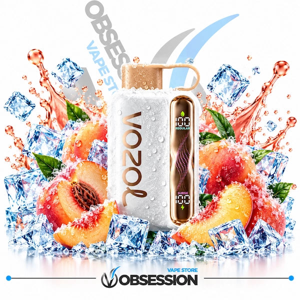 A Vozol vape device with a white body and rose gold metallic accents, surrounded by ice cubes, sliced peaches, and mint leaves on a white background with Obsession branding.