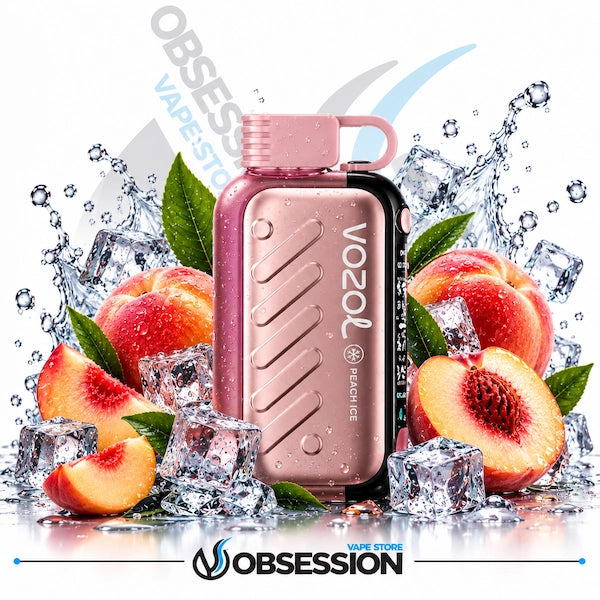 A VOOZL Peach Gel disposable vape device in metallic rose gold, surrounded by fresh peaches, ice cubes, and water splashes on a white background with Obsession branding.