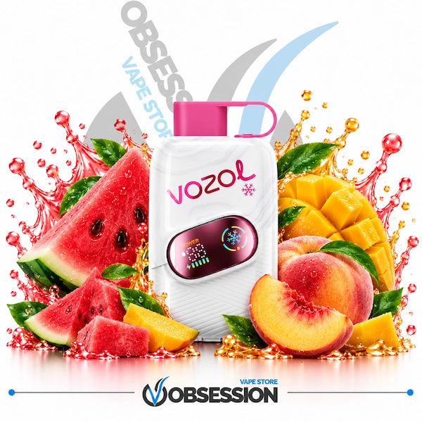 A white Vozol disposable vape device with a pink mouthpiece and a digital screen on the front, surrounded by fresh fruit slices including watermelon, peach, and mango with liquid splashes. The background is white with a gray and blue 'Obsess' logo and a 'Vape Store' brand logo at the bottom.