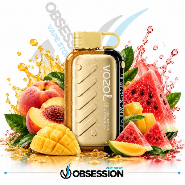 A Vozol Fresh Mango Watermelon vape device in a metallic gold finish with a black side accent, surrounded by fresh fruit slices, peaches, and watermelon with liquid splashes on a white background. The Obsession Vape Store logo is visible at the bottom.