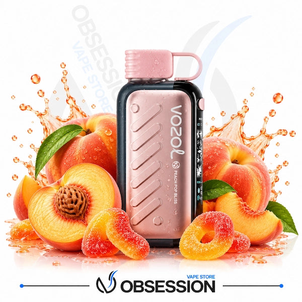 A Vozol Peach On Ice disposable vape device in rose gold and black, surrounded by fresh peach slices, whole peaches, and gummy candies with liquid splashes, on a white background with Obsession Vape Store branding.