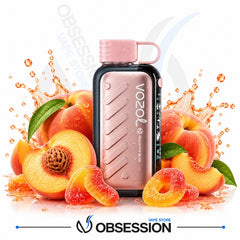 A Vozol Peach On Ice disposable vape device in rose gold and black, surrounded by fresh peach slices, whole peaches, and gummy candies with liquid splashes, on a white background with Obsession Vape Store branding.