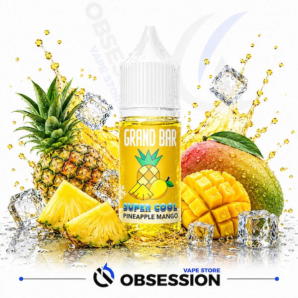 Grand Bar Pineapple Mango vape juice bottle with pineapple and mango on a white background