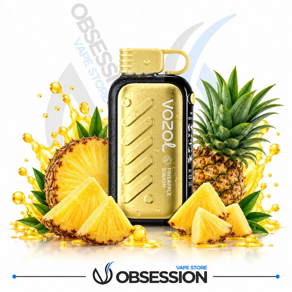 A gold and black Vozol disposable vape device surrounded by fresh pineapples, pineapple slices, and golden liquid splashes on a white background, with Obsession VaPE Store branding at the bottom.