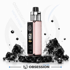 A pink and black vape device with a digital display screen, standing on a black marble base surrounded by decorative black rocks and floating metallic spheres on a white background. The brand name 'Obsession' is visible at the bottom.