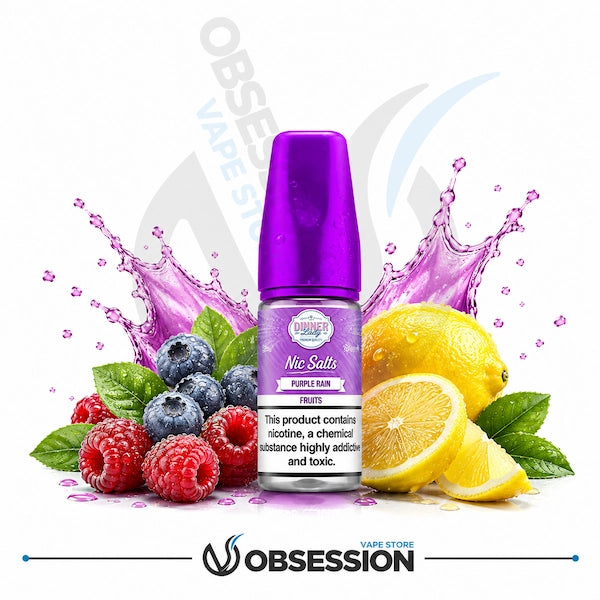 Vape juice bottle with purple cap and label, surrounded by lemons, berries, and mint leaves on a white background.