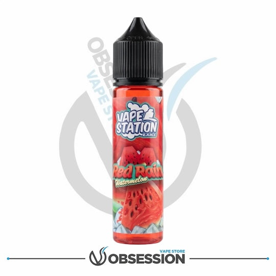 Vape station red rum watermelon vape juice bottle on a white background with 'Obsession' branding.