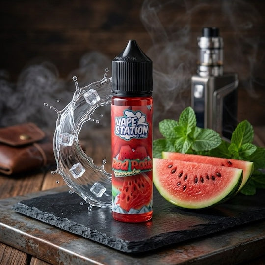 Vape Station Red Pom fruit-flavored vape juice with watermelon slices and mint leaves on a dark surface.