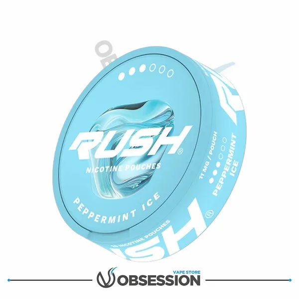 Blue packaging of Rush nicotine pouches with 'Obsession' branding at the bottom.